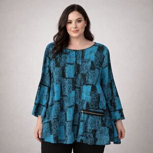 Ali Miles Shirt Womens 2X Blue Geometric Tunic Zip Pocket Bell Sleeve Plus